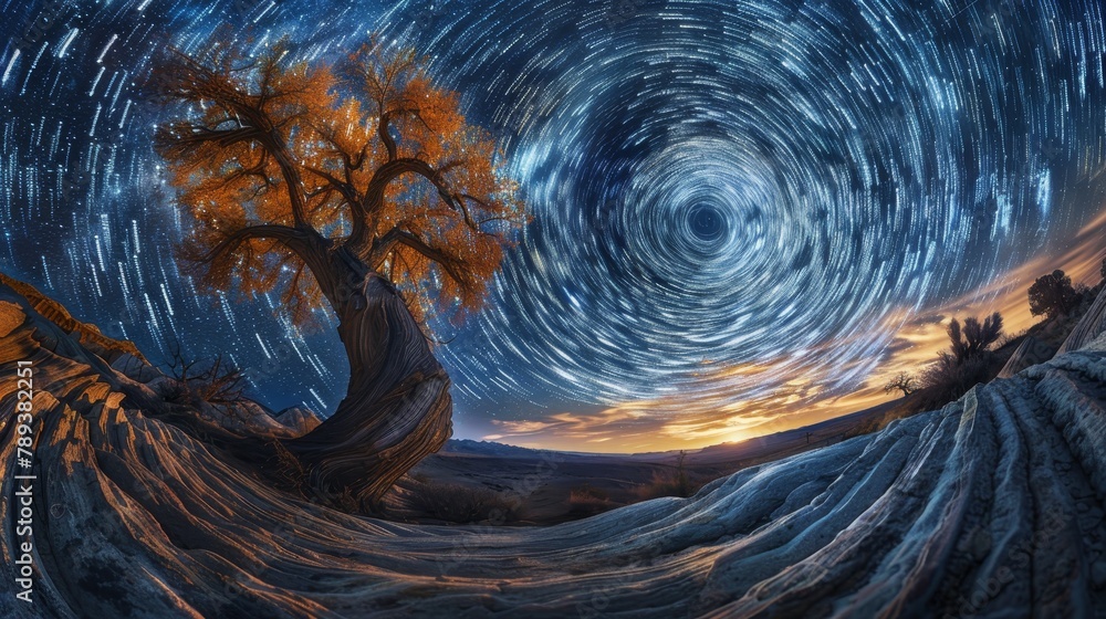 Poster a tree is surrounded by stars in the sky. the stars are scattered all over the sky, and the tree is 