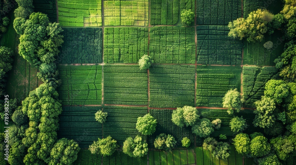 Poster a large green field with trees and grass. the field is divided into squares and is very lush