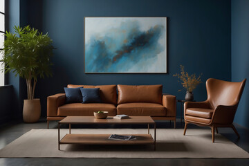 Elegante Wohnzimmereinrichtung mit cognacfarbenem Ledersofa und abstraktem Gemälde in Blau.