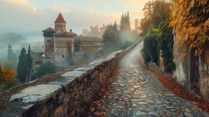 A stone walkway with a building in the background. The walkway is wet and covered in leaves - obrazy, fototapety, plakaty