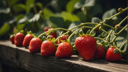 Fresh ripe big organic red strawberry fruit ready to harvest in garden. Ai Generative. - obrazy, fototapety, plakaty