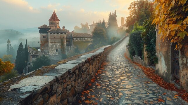 A stone walkway with a building in the background. The walkway is wet and covered in leaves