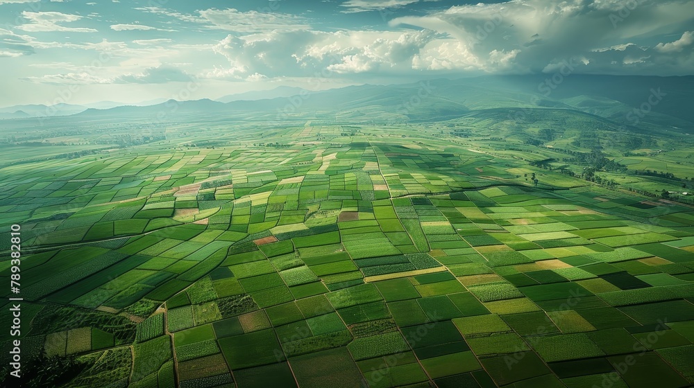 Poster a large field of green grass with a few red patches. the sky is cloudy and the sun is shining throug