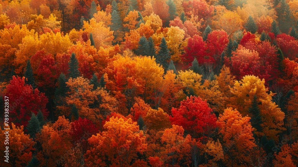 Poster a forest full of trees with leaves that are orange and red. the trees are in various stages of matur