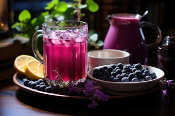 Blueberry juice in a cozy coffee with a shelf full of recipe books from around the world., generative IA