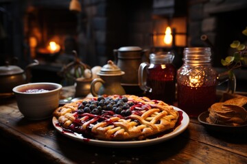 Blueberry juice in a cozy coffee with a selection of aromatic teas and homemade pies., generative IA