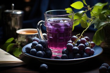Blueberry juice in a coffee with books of books and soft light., generative IA