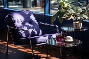 Blueberry juice in a modern coffee chairs., generative IA