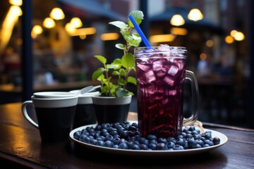 Blueberry juice in a modern coffee with brick walls in sight., generative IA