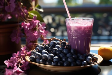 Blueberry juice on a sunny balcony with wicker chairs., generative IA
