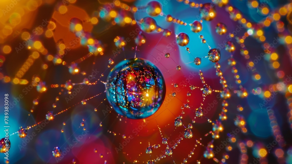 Poster a colorful ball is surrounded by a web of tiny beads. the beads are of different sizes and colors, c