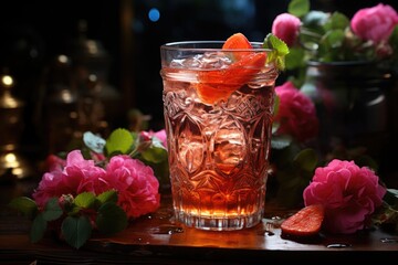 Strawberry juice in a garden with flower flowers in full flowering and colorful butterflies., generative IA