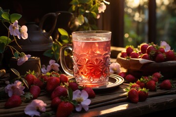 Strawberry juice in a vegetable garden with colorful flowers., generative IA