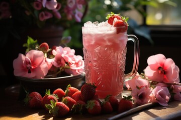 Strawberry juice in a garden with flower flowers in full flowering and a serene source in the center., generative IA