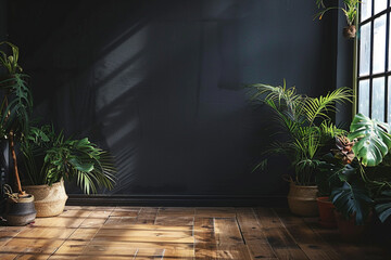 A dark wall and an empty room, with only plants on the floor 