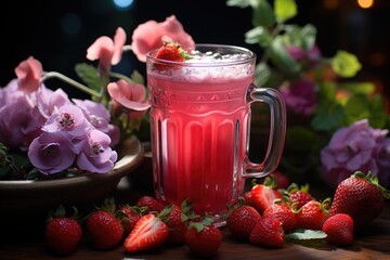 Strawberry juice in a garden with exuberant flowers and colorful butterflies., generative IA