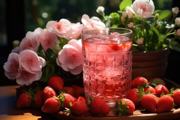 Strawberry juice in a garden with flower flowers in full flowering., generative IA