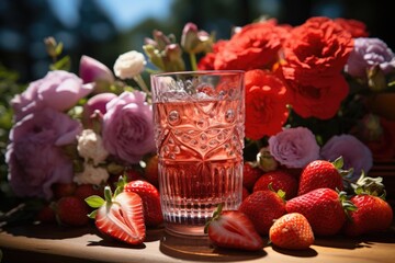 Strawberry juice in a vegetable garden with multicolored flowers and a radiant blue sky., generative IA