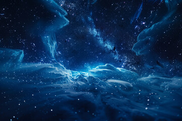 A deep space scene, immersed in dark blue hues, where glowing particles form a cosmic nebula The visual composition is illuminated by the radiant, sparkling light