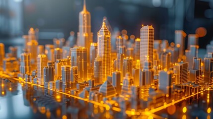 A cityscape is shown in a bright orange color. The buildings are tall and the streets are lit up. The city appears to be futuristic and modern