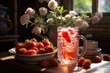 Strawberry juice in a vegetable garden with vibrant flowers., generative IA