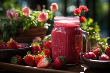 Strawberry juice in a vegetable garden with flower beds., generative IA