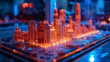A city model is lit up in orange and blue. The city is made of plastic and is on a table