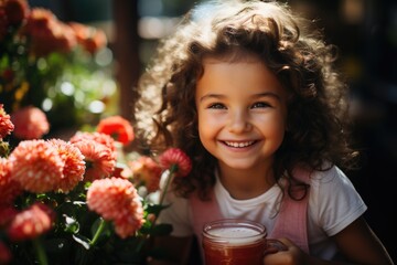 Strawberry juice in a vegetable garden with flower beds., generative IA