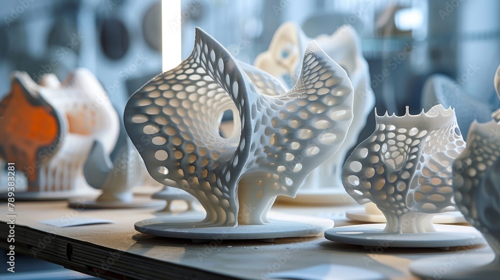 Poster a collection of white sculptures with a variety of shapes and sizes. the sculptures are made of a tr