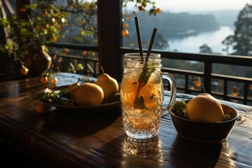 Pear juice in a panoramic restaurant for a forest., generative IA