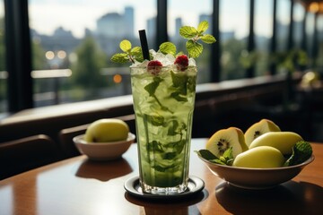 Pear juice in a panoramic restaurant for a green and serene field., generative IA