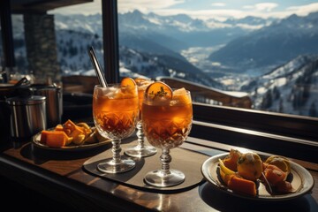 Pear juice in a panoramic restaurant for a snow -covered mountain., generative IA