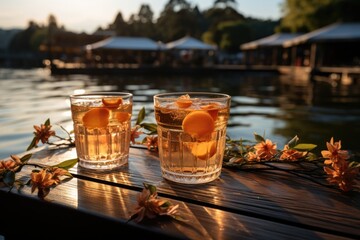 Peach juice in a lakeside coffee with rowing boats., generative IA