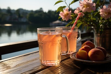 Peach juice in a lakeside coffee with rowing boats., generative IA