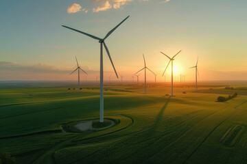 aerial view of wind turbines for electricity production at sunset in a green field with wheat fields. the aesthetics of nature and modern technology. wind power plants on the horizon