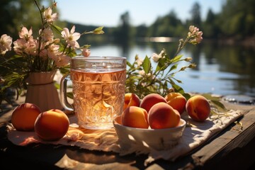 Peach juice in a picnic on the edge of a quiet lake., generative IA