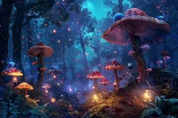 Fototapeta na wymiar A dense enchanted forest with colorful mushrooms and mystical fairies in a starlit night 