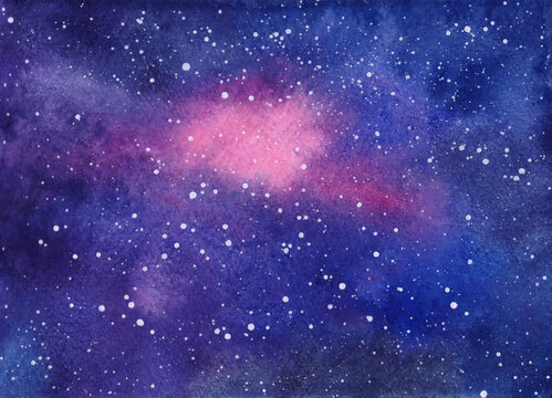 Fantastic starry night sky. Watercolor illustration of the cosmos, the galaxy, hand-drawn. Abstract background, banner for design, decoration. Watercolor splash.