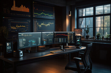 High-Tech Trading Desk with Multiple Financial Charts