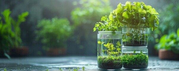 Futuristic hydroponic system with plants thriving in a liquid nutrient medium, isolated background for text