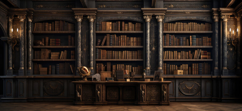 Mystical Antique Library with Vintage Globes and Books