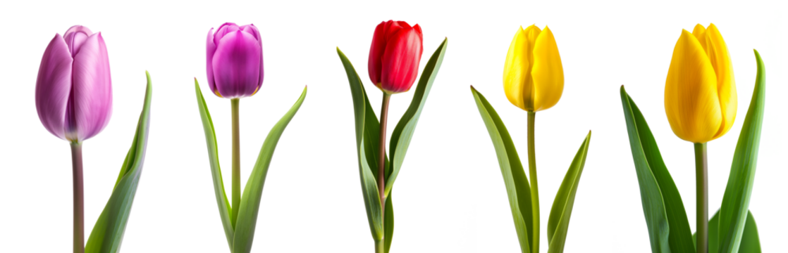 Red, yellow and purple tulip flowers isolated on transparent or white background