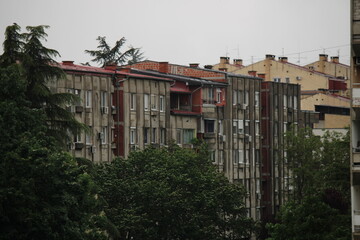 buildings in the rain