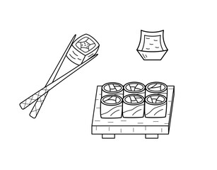 Sushi and rolls set doodle style. Vector illustration of Japanese Asian cuisine, menu icons for restaurants. - 789385206