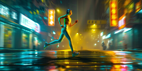 Energetic young woman in athletic attire enjoys evening run along city street with vibrant neon...