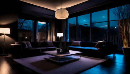 Well-Furnished Living Room With Large Windows effect against on digital art concept. - obrazy, fototapety, plakaty