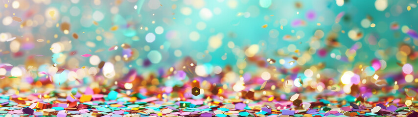 Colorful Confetti Particles Floating on Turquoise Background Abstract Celebration