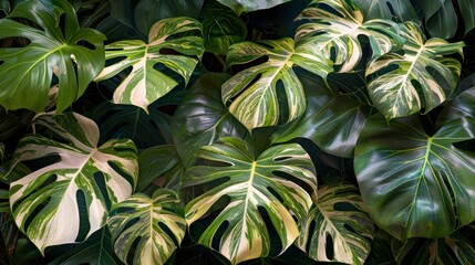 A lush collection of variegated Monstera deliciosa leaves with striking white and green patterns, a popular indoor tropical plant. - obrazy, fototapety, plakaty