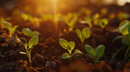 Seedlings Growing in Fertile Soil with Warm Sunlight - New Life and Growth Concept