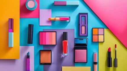 Assortment of colorful cosmetics on a geometric background, including lipsticks, eyeshadow palettes, and nail polish in a creative flat lay.